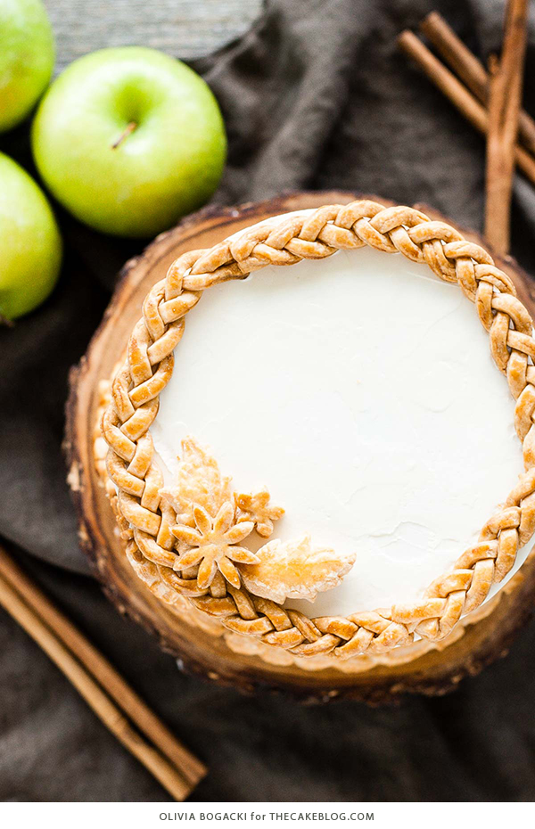 Apple Pie Cake! A layer cake recipe with hints of cinnamon and nutmeg, fresh apple pie filling, buttercream frosting and braided pie crust lattice | by Olivia Bogacki for TheCakeBlog.com