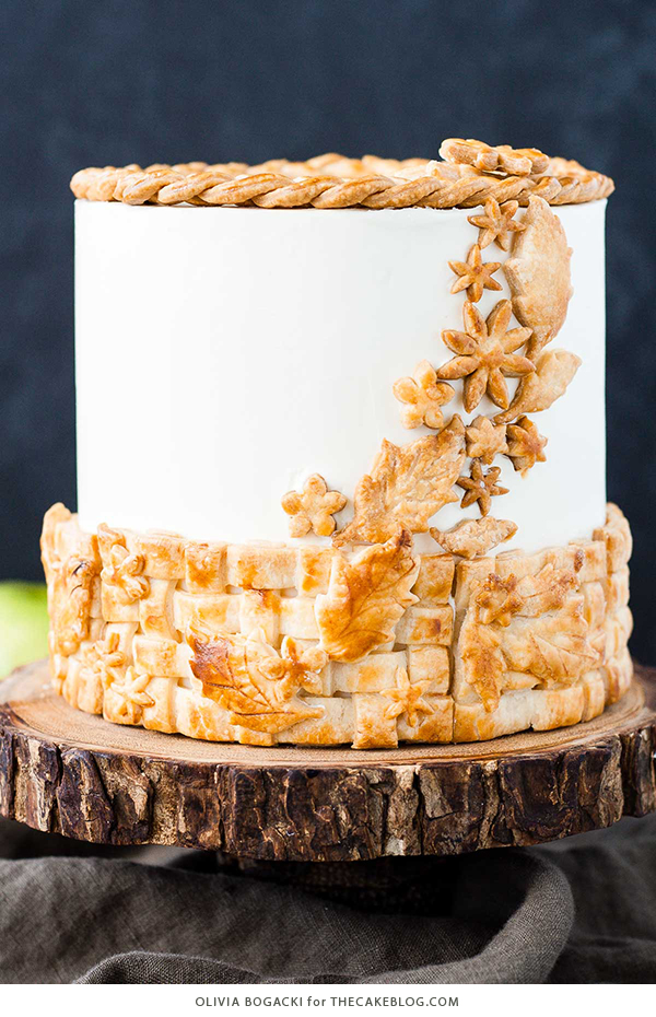 Apple Pie Cake! A layer cake recipe with hints of cinnamon and nutmeg, fresh apple pie filling, buttercream frosting and braided pie crust lattice | by Olivia Bogacki for TheCakeBlog.com