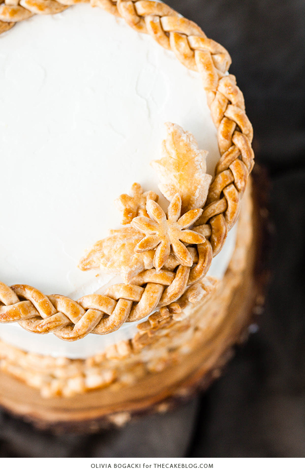 Apple Pie Cake! A layer cake recipe with hints of cinnamon and nutmeg, fresh apple pie filling, buttercream frosting and braided pie crust lattice | by Olivia Bogacki for TheCakeBlog.com
