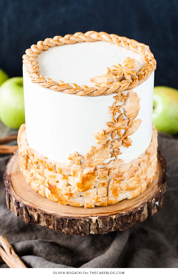 Apple Pie Cake! A layer cake recipe with hints of cinnamon and nutmeg, fresh apple pie filling, buttercream frosting and braided pie crust lattice | by Olivia Bogacki for TheCakeBlog.com