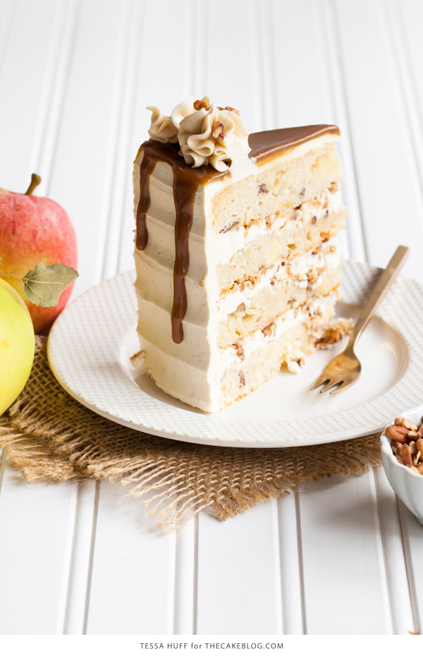 Apple Toffee Crunch Cake - fresh apple cake with crunchy pecans, cinnamon buttercream and a toffee sauce drip | by Tessa Huff for TheCakeBlog.com