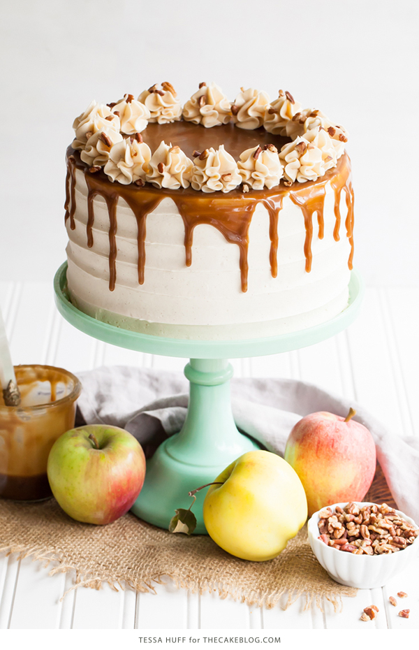 Apple Toffee Crunch Cake - fresh apple cake with crunchy pecans, cinnamon buttercream and a toffee sauce drip | by Tessa Huff for TheCakeBlog.com