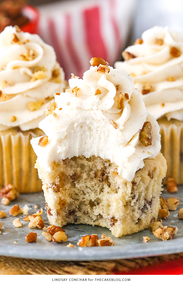 Butter Pecan Cupcakes - moist vanilla cupcakes studded with toasted butter pecans and topped with cinnamon buttercream frosting | by Lindsay Conchar for TheCakeBlog.com