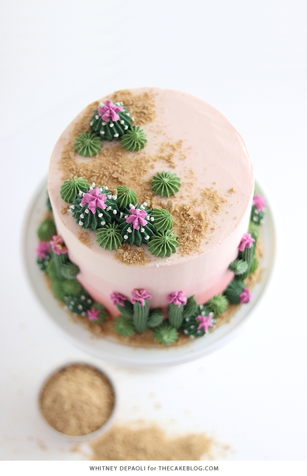 Cactus Cake - how to make a cactus themed cake with ombrè buttercream, edible sand and piped buttercream cacti | by Whitney DePaoli for TheCakeBlog.com