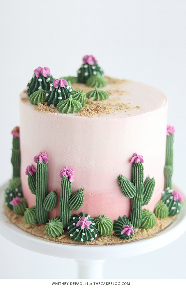 Cactus Cake - how to make a cactus themed cake with ombrè buttercream, edible sand and piped buttercream cacti | by Whitney DePaoli for TheCakeBlog.com