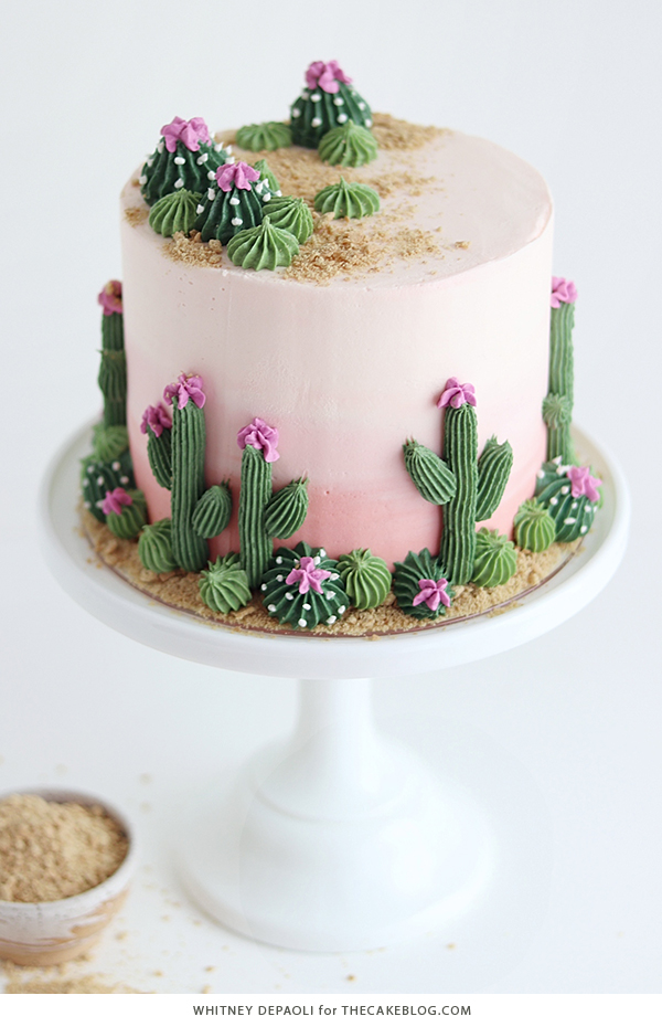 Cactus Cake - how to make a cactus themed cake with ombrè buttercream, edible sand and piped buttercream cacti | by Whitney DePaoli for TheCakeBlog.com