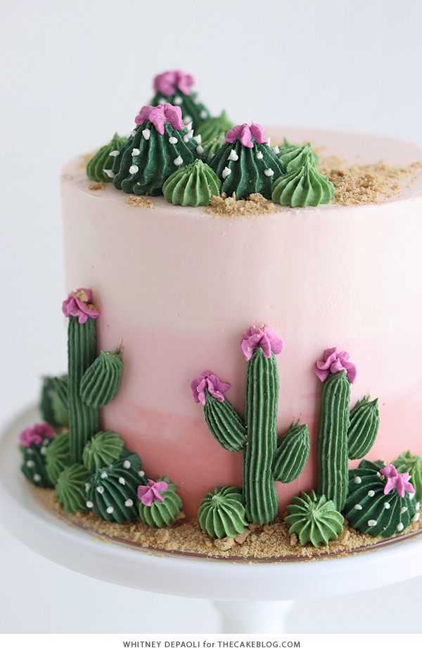 Cactus Cake - how to make a cactus themed cake with ombrè buttercream, edible sand and piped buttercream cacti | by Whitney DePaoli for TheCakeBlog.com