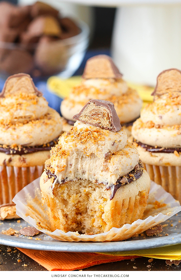 Butterfinger Cupcakes - the ultimate Butterfinger cupcake recipe | Lindsay Conchar for TheCakeBlog.com