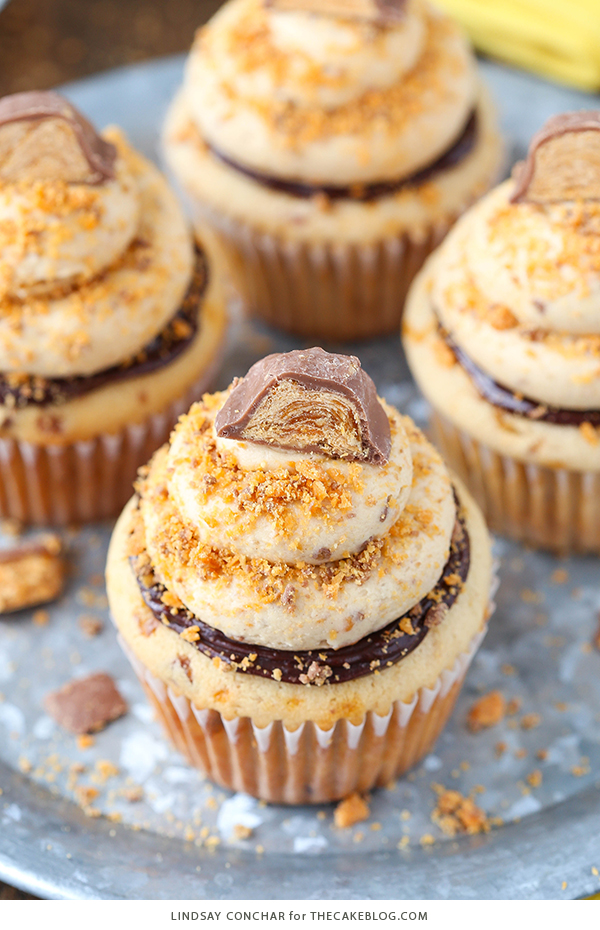 Butterfinger Cupcakes - the ultimate Butterfinger cupcake recipe | Lindsay Conchar for TheCakeBlog.com