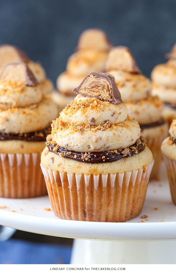 Butterfinger Cupcakes - the ultimate Butterfinger cupcake recipe | Lindsay Conchar for TheCakeBlog.com