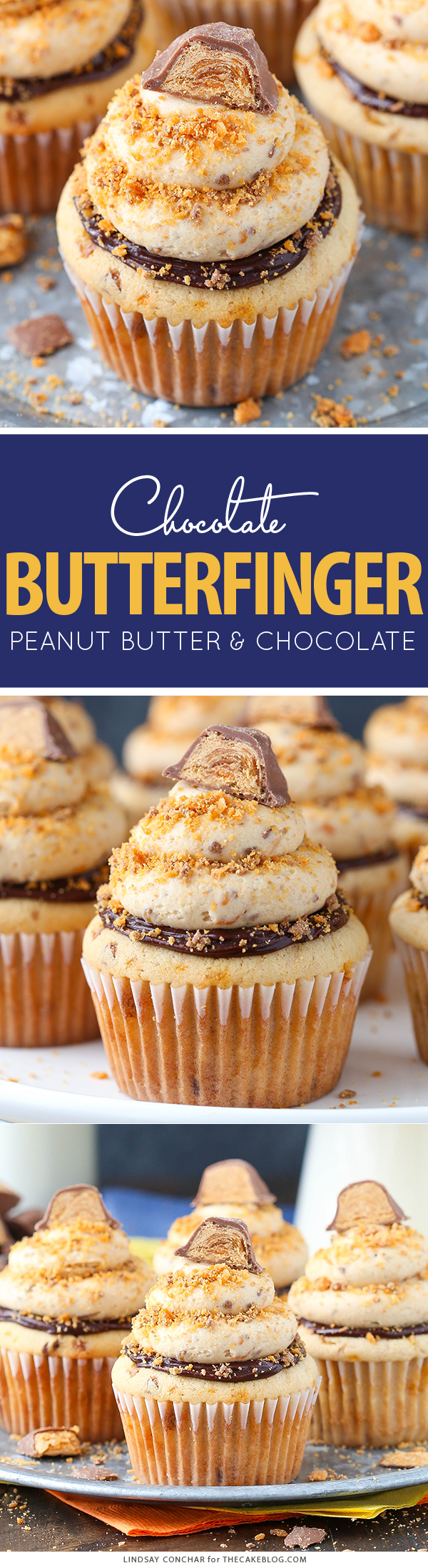 Butterfinger Cupcakes - the ultimate Butterfinger cupcake recipe | Lindsay Conchar for TheCakeBlog.com