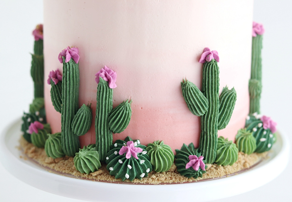 Cactus Cake - how to make a cactus themed cake with ombrè buttercream, edible sand and piped buttercream cacti | by Whitney DePaoli for TheCakeBlog.com