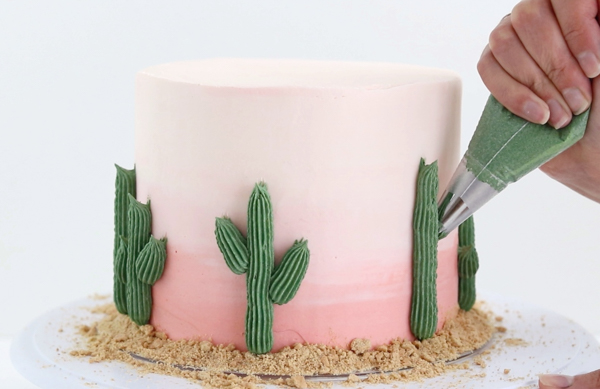 Cactus Cake - how to make a cactus themed cake with ombrè buttercream, edible sand and piped buttercream cacti | by Whitney DePaoli for TheCakeBlog.com