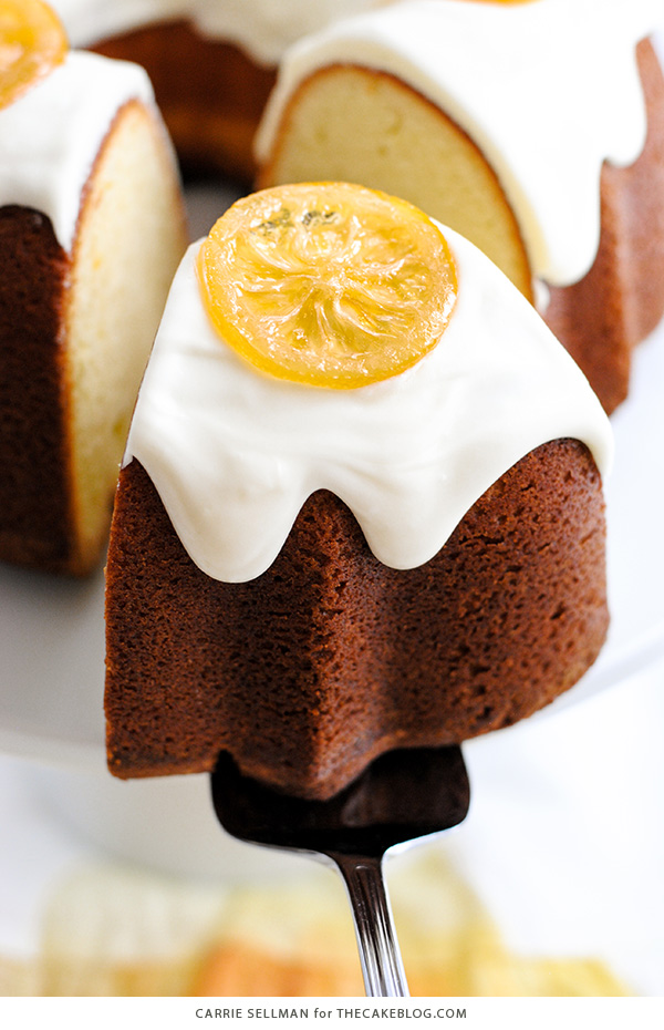 Lemon Bundt Cake - easy lemon pound cake recipe with a relaxed cream cheese glaze and candied lemon slices | By Carrie Sellman for TheCakeBlog.com