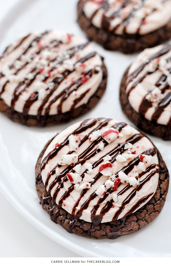 Brownie Cookies with Candy Cane Kisses Frosting | Carrie Sellman for TheCakeBlog.com
