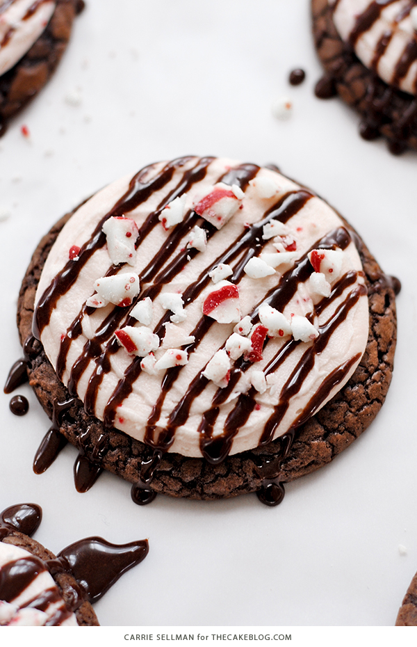 Brownie Cookies with Candy Cane Kisses Frosting | Carrie Sellman for TheCakeBlog.com