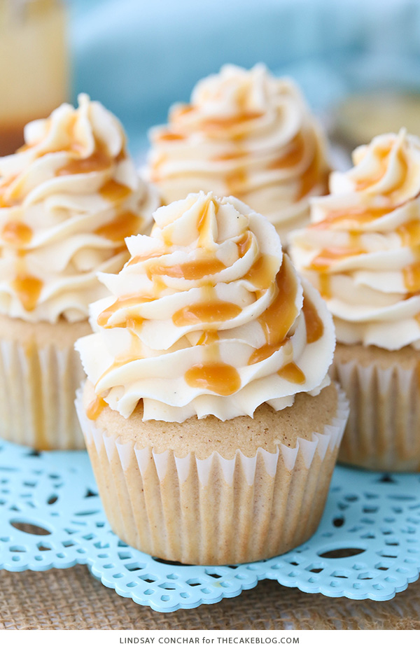 Caramel Bourbon Vanilla Cupcakes - a brown sugar bourbon cupcake topped with caramel vanilla frosting for a unique combination that is full of flavor!