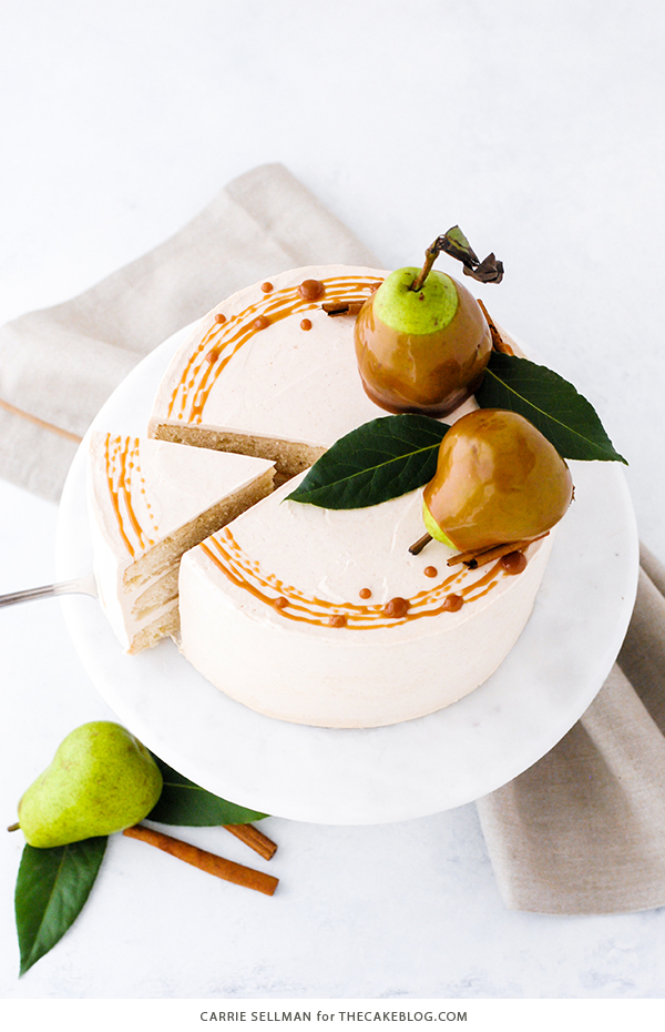 Salted Caramel Pear Cake - fresh pear cake with cinnamon buttercream, salted caramel and homemade caramel dipped pears | Carrie Sellman for TheCakeBlog.com