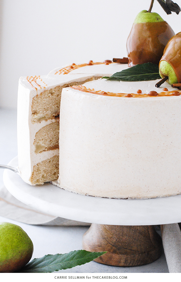 Salted Caramel Pear Cake - fresh pear cake with cinnamon buttercream, salted caramel and homemade caramel dipped pears | Carrie Sellman for TheCakeBlog.com