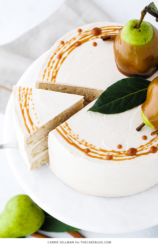 Salted Caramel Pear Cake - fresh pear cake with cinnamon buttercream, salted caramel and homemade caramel dipped pears | Carrie Sellman for TheCakeBlog.com