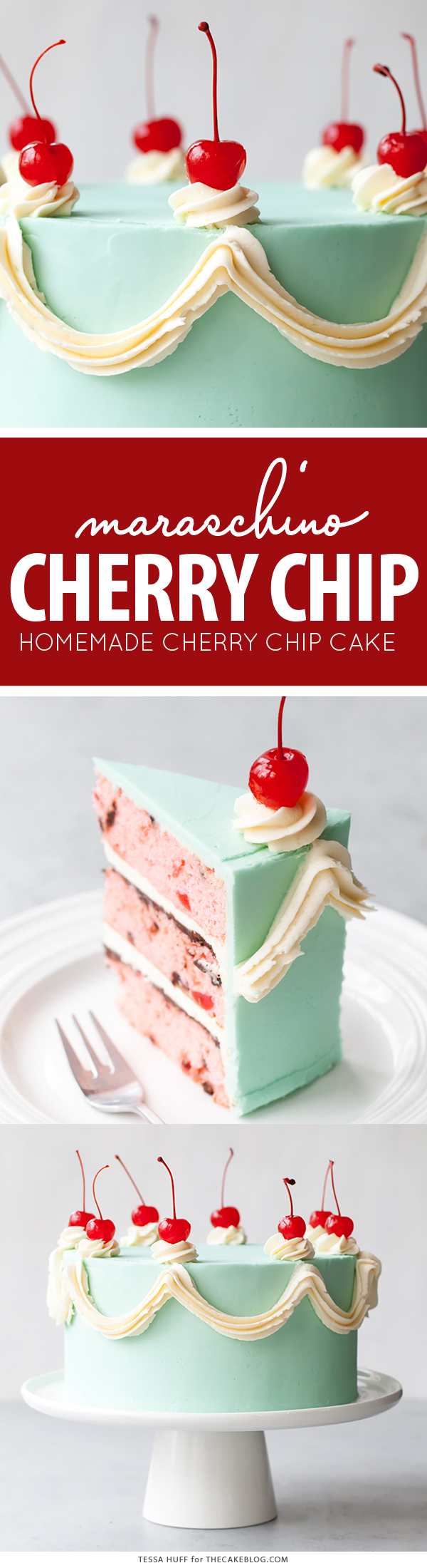 Cherry Chip Cake - maraschino cherry cake studded with chocolate chips, layered with chocolate ganache and finished with a whipped vanilla buttercream frosting | by Tessa Huff for TheCakeBlog.com