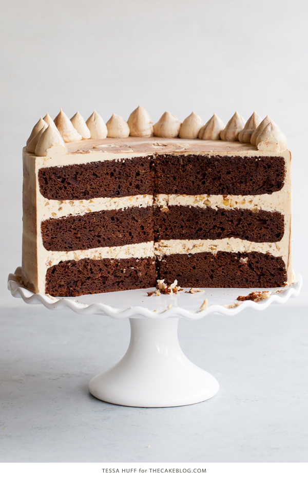Chocolate Bourbon Pecan Cake | by Tessa Huff for TheCakeBlog.com
