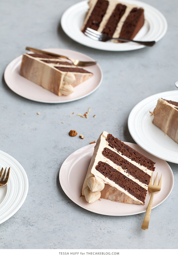 Chocolate Bourbon Pecan Cake | by Tessa Huff for TheCakeBlog.com