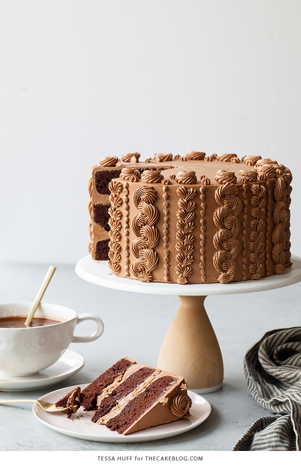 Chocolate Toffee Crunch Cake - fudgy chocolate cake lightly spiced with cinnamon paired with crunchy toffee bits and silky smooth chocolate buttercream frosting | by Tessa Huff for TheCakeBlog.com