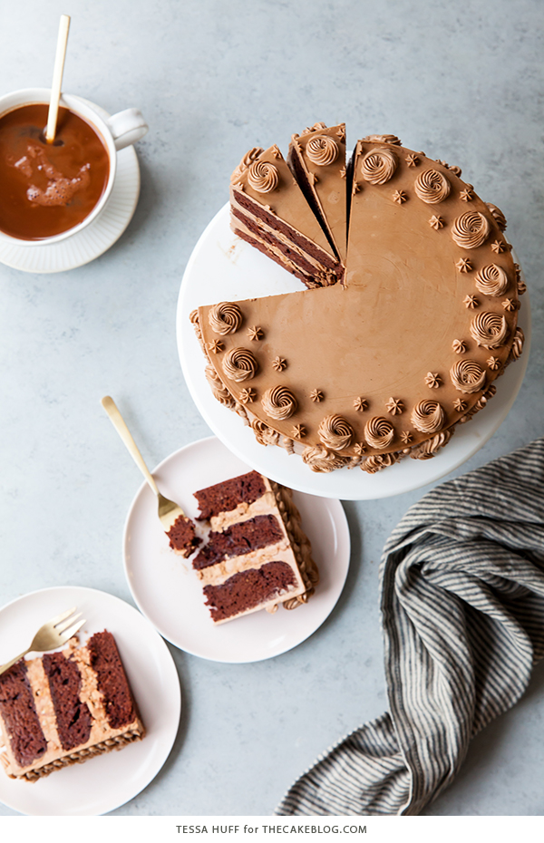 Chocolate Toffee Crunch Cake - fudgy chocolate cake lightly spiced with cinnamon paired with crunchy toffee bits and silky smooth chocolate buttercream frosting | by Tessa Huff for TheCakeBlog.com