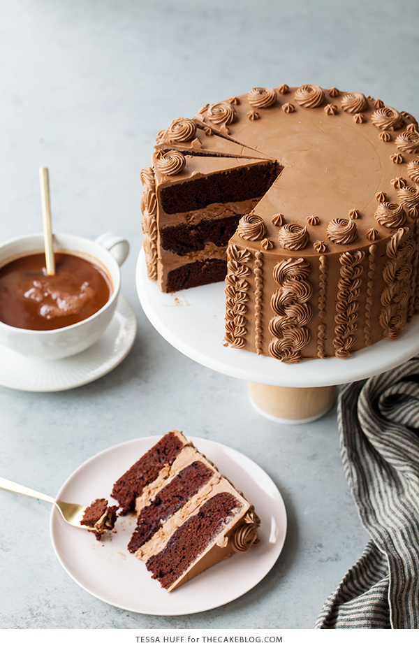 Chocolate Toffee Crunch Cake - fudgy chocolate cake lightly spiced with cinnamon paired with crunchy toffee bits and silky smooth chocolate buttercream frosting | by Tessa Huff for TheCakeBlog.com