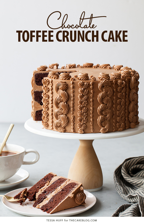 Chocolate Toffee Crunch Cake - fudge chocolate cake lightly spiced with cinnamon paired with crunchy toffee bits and silky smooth chocolate buttercream frosting | by Tessa Huff for TheCakeBlog.com