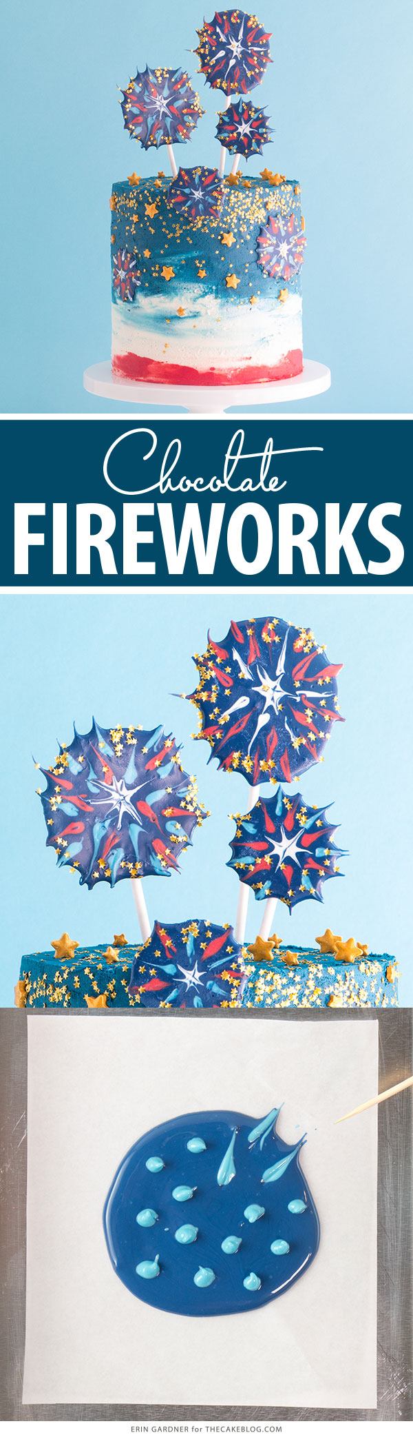 Chocolate Fireworks Cake - how to make red, white and blue fireworks out of chocolate | by Erin Gardner for TheCakeBlog.com
