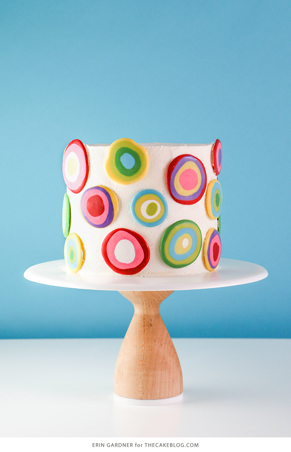 Mod Polka Dot Cake - how to make colorful polka dot toppers for cakes and cupcakes using chocolate coating | Erin Gardner for TheCakeBlog.com