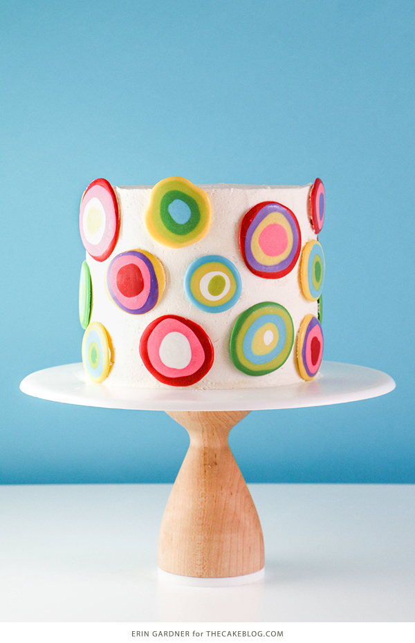 Mod Polka Dot Cake - how to make colorful polka dot toppers for cakes and cupcakes using chocolate coating | Erin Gardner for TheCakeBlog.com