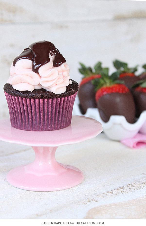 Chocolate Covered Strawberry Cupcakes | by Lauren Kapeluck for TheCakeBlog.com