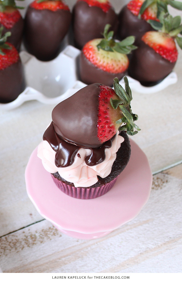 Chocolate Covered Strawberry Cupcakes | by Lauren Kapeluck for TheCakeBlog.com