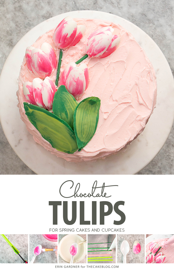Chocolate Tulips - how to make gorgeous tulip cake decorations using melted chocolate and a plastic spoon | by Erin Gardner for TheCakeBlog.com