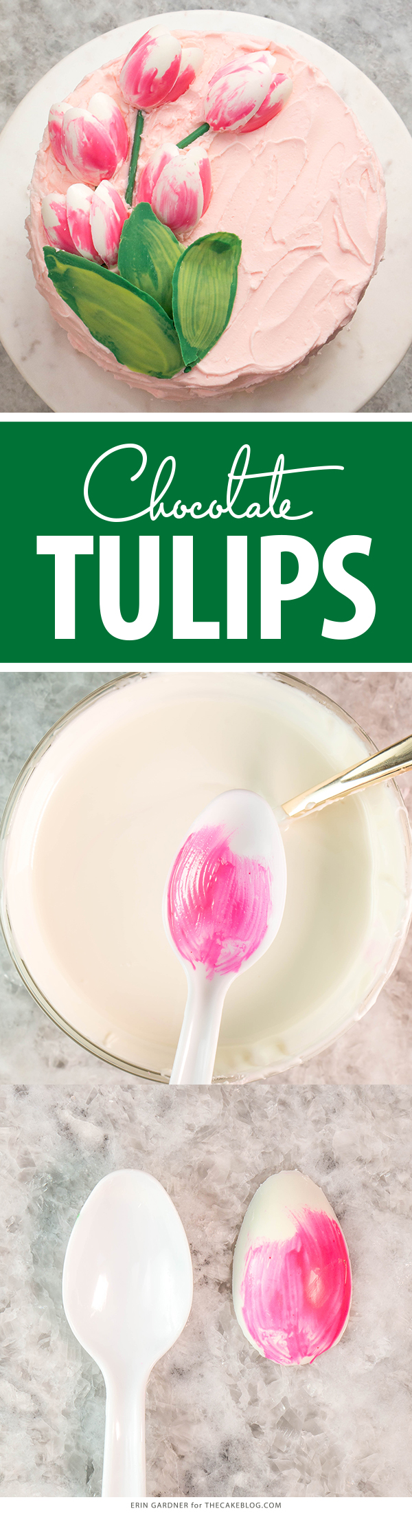 Chocolate Tulips - how to make gorgeous tulip cake decorations using melted chocolate and a plastic spoon | by Erin Gardner for TheCakeBlog.com