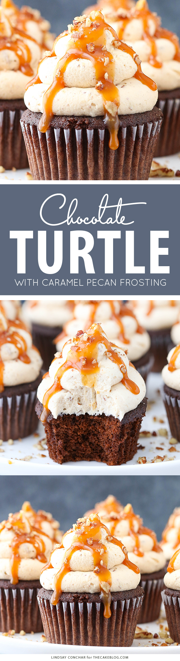 Chocolate Turtle Cupcakes - from scratch recipe for rich chocolate cupcakes with caramel pecan frosting, caramel drizzle and chopped pecans | by Lindsay Conchar for TheCakeBlog.com
