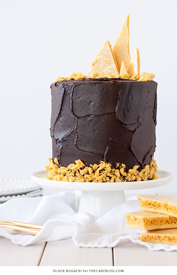 Dark Chocolate Honeycomb Cake - a rich chocolate layer cake recipe with ultra dark, fudgy frosting and homemade honeycomb | by Olivia Bogacki for TheCakeBlog.com