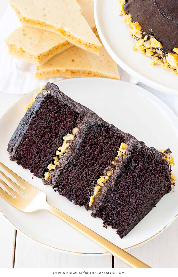 Dark Chocolate Honeycomb Cake - a rich chocolate layer cake recipe with ultra dark, fudgy frosting and homemade honeycomb | by Olivia Bogacki for TheCakeBlog.com