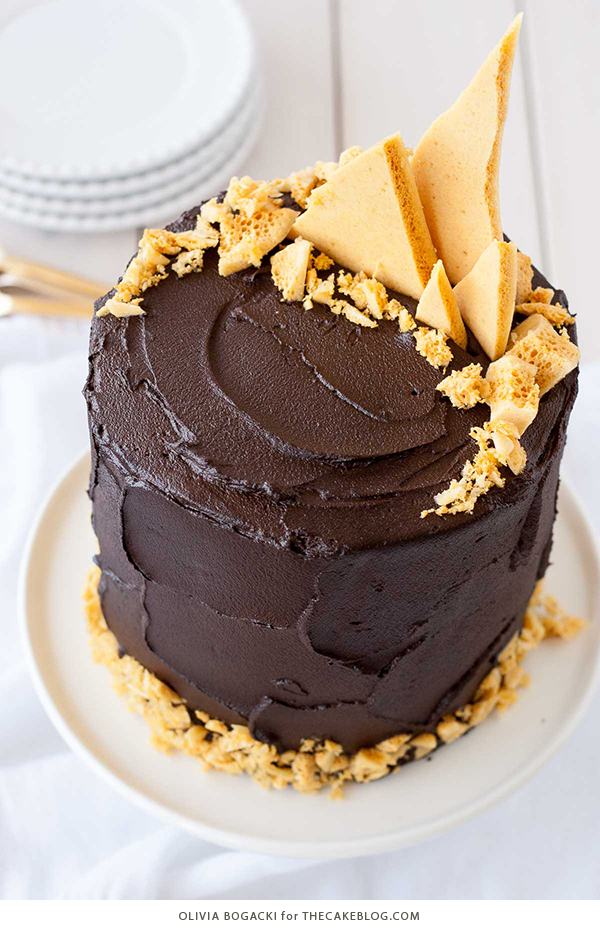 Dark Chocolate Honeycomb Cake - a rich chocolate layer cake recipe with ultra dark, fudgy frosting and homemade honeycomb | by Olivia Bogacki for TheCakeBlog.com