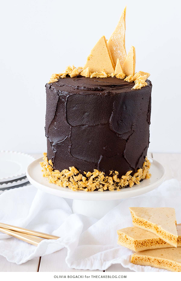 Dark Chocolate Honeycomb Cake - a rich chocolate layer cake recipe with ultra dark, fudgy frosting and homemade honeycomb | by Olivia Bogacki for TheCakeBlog.com