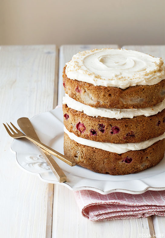 Pear & Cranberry Cake! Perfect for holiday parties and Christmas dessert. By Tessa Huff for TheCakeBlog.com