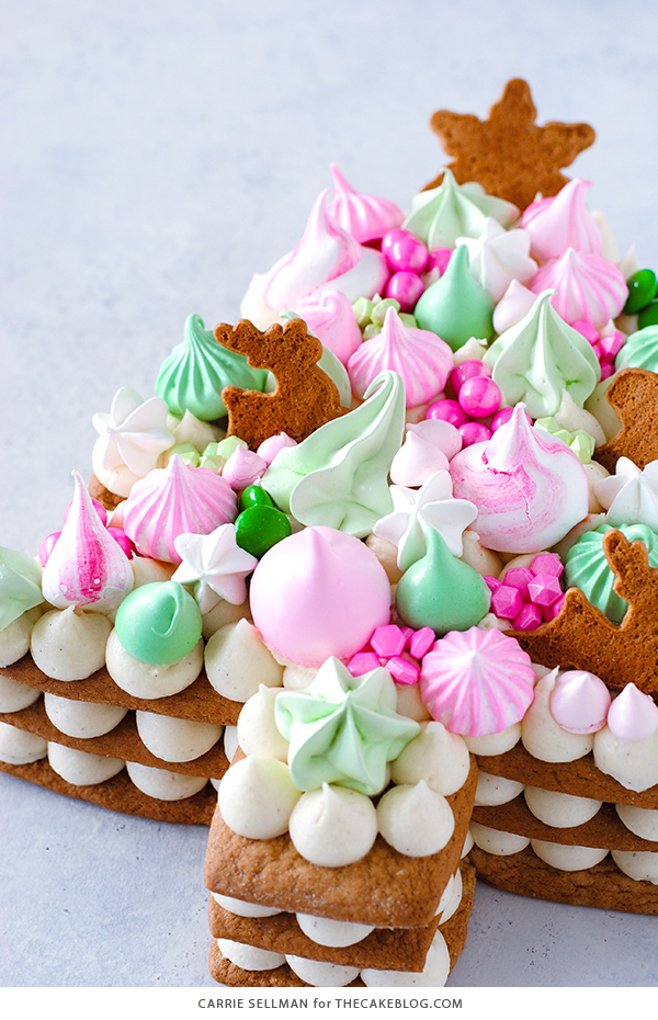 Cream Tart Tree Cake - gingerbread cookie with cream cheese frosting and festive holiday toppings | by Carrie Sellman for TheCakeBlog.com