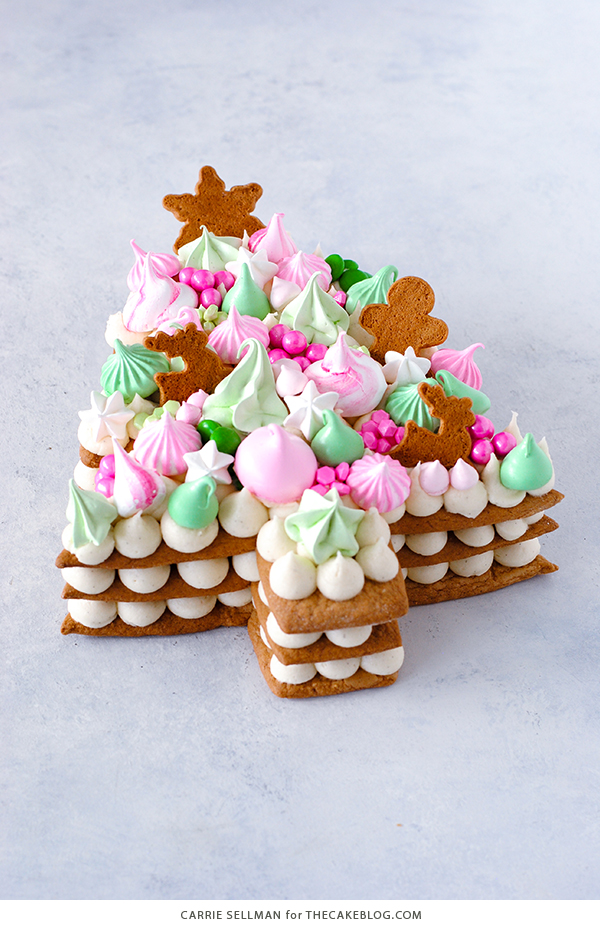 Cream Tart Tree Cake - gingerbread cookie with cream cheese frosting and festive holiday toppings | by Carrie Sellman for TheCakeBlog.com