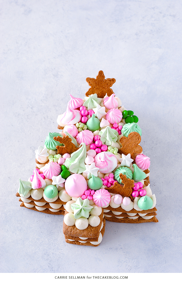 Cream Tart Tree Cake - gingerbread cookie with cream cheese frosting and festive holiday toppings | by Carrie Sellman for TheCakeBlog.com