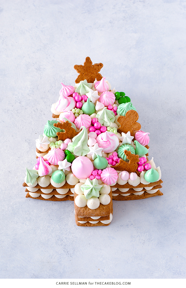 Cream Tart Tree Cake - gingerbread cookie with cream cheese frosting and festive holiday toppings | by Carrie Sellman for TheCakeBlog.com