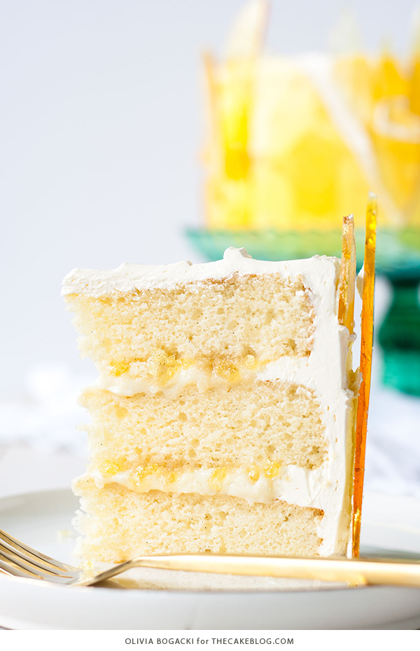 Creme Brûlée Cake - layer cake recipe with vanilla bean cake, vanilla custard and caramel sugar shards | by Olivia Bogacki for TheCakeBlog.com