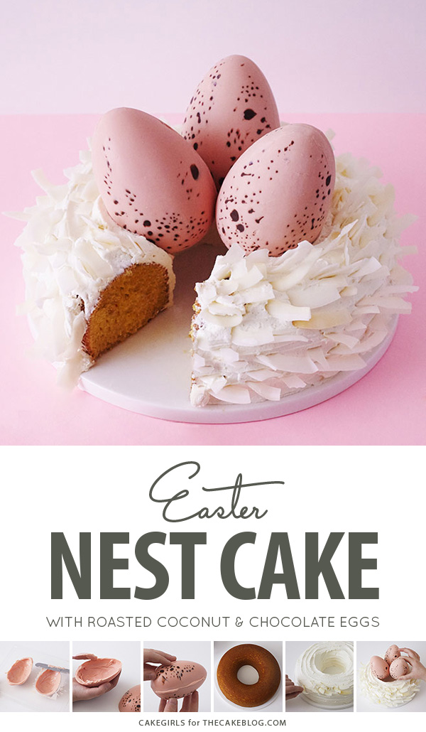 Easter Nest Cake - how to make a nest cake with roasted coconut and chocolate eggs for Easter dessert | by Cakegirls for TheCakeBlog.com